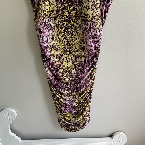 PURPLE YELLOW SLEEVELESS DRESS RUCHING ZIPPER STRETCH LINED ROUND NECK - Picture 4 of 13